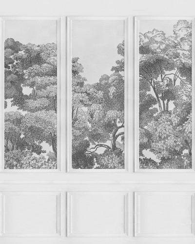 Tapet Bellewood Panels, Graphite, cu design de panouri din lemn, in tonuri gri.