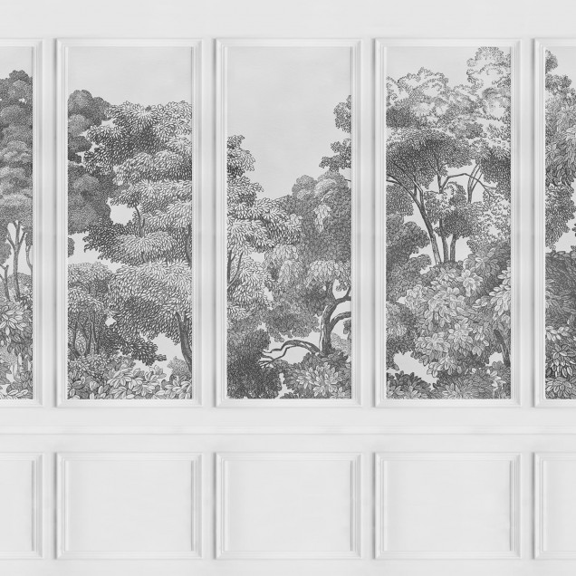 Tapet Bellewood Panels, Graphite, cu design de panouri din lemn, in tonuri gri.