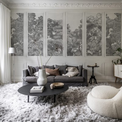 Tapet Bellewood Panels, Graphite, cu design de panouri din lemn, in tonuri gri.
