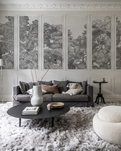 Tapet Bellewood Panels, Graphite, cu design de panouri din lemn, in tonuri gri.