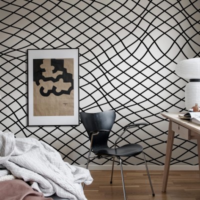 Tapet cu design geometric modern, cu linii negre bold pe fond gri deschis