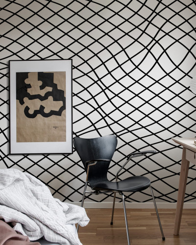 Tapet cu design geometric modern, cu linii negre bold pe fond gri deschis