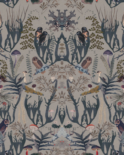 Tapet The Swedish Forest, Mini Blue, cu design floral, cu nuanțe de albastru și gri, cu păsări și flori