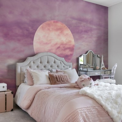 Pink Moon tapet pentru dormitor cu cerul senin în nuanțe pastelate de roz și alb