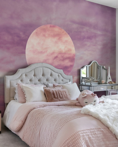Pink Moon tapet pentru dormitor cu cerul senin în nuanțe pastelate de roz și alb