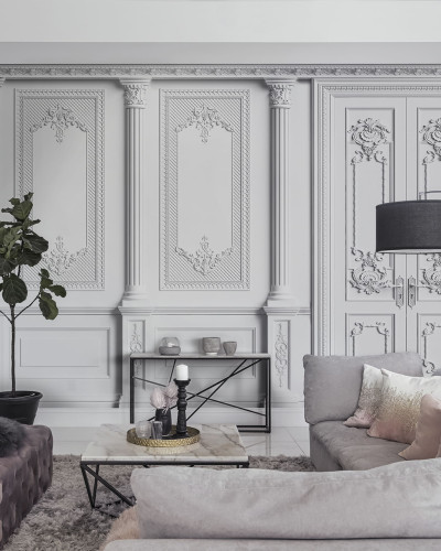 Tapet modern cu design de usi din lemn cu decoratiuni.