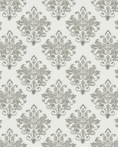 Baroque Pearl, White  cu design clasic de damasc,  pe un perete din dormitor