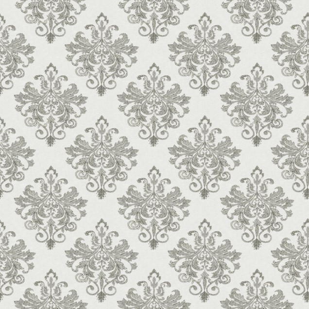 Baroque Pearl, White  cu design clasic de damasc,  pe un perete din dormitor