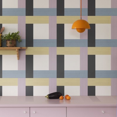 Tapet geometric cu modele vibrante și moderne, nuanțe pastelate.