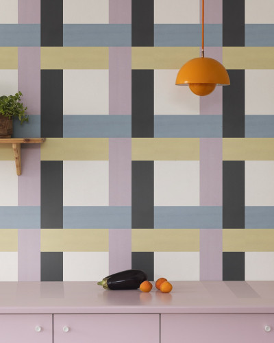 Tapet geometric cu modele vibrante și moderne, nuanțe pastelate.