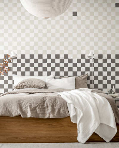 Tapet cu model geometric Pixels, Black & White, cu pătrate albe și gri.