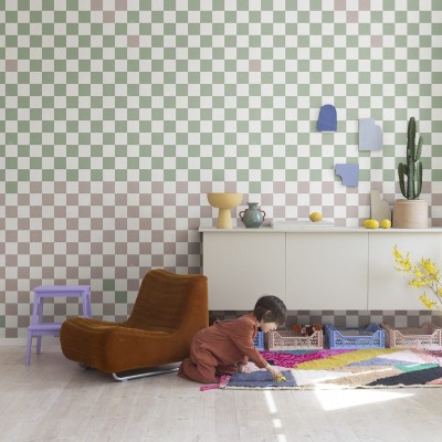 Tapet geometric modern cu model in alb, verde si roz.