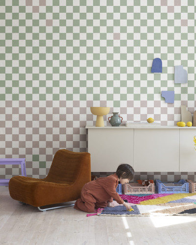 Tapet geometric modern cu model in alb, verde si roz.