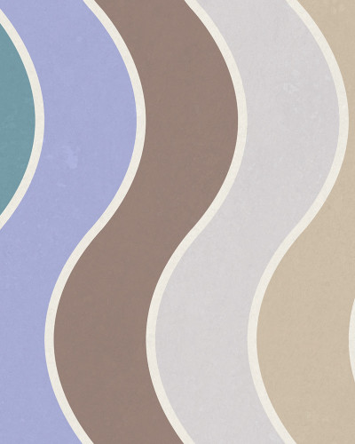 Tapet cu design abstract Seventies Waves, Rainbow, cu unde groase si curbate, in culori pastelate.