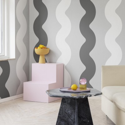 Tapet modern cu design ondulat in nuante de gri si alb.