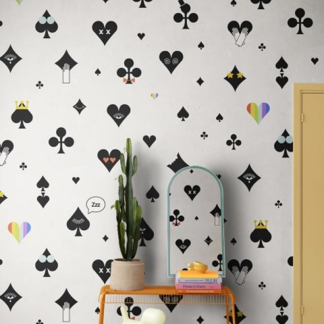 Tapet cu design Poker Face, Negru, cu semne de joc de carti in negru