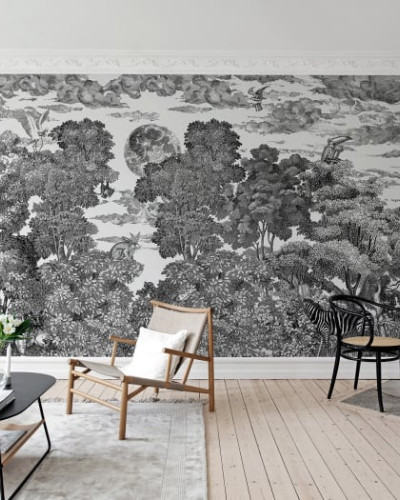 Fototapet Bellewood under the Moon, Graphite - design minimalist, cu un peisaj nocturn cu luna si copaci.