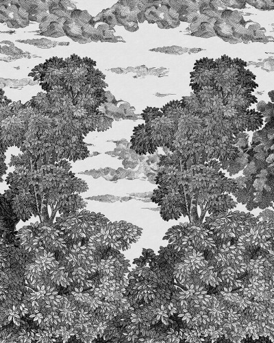 Tapet Bellewood under the Clouds, Graphite, cu un design sofisticat cu copaci și nori grațios desenați.