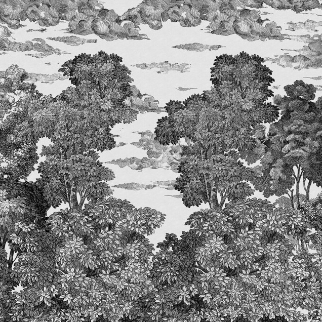 Tapet Bellewood under the Clouds, Graphite, cu un design sofisticat cu copaci și nori grațios desenați.