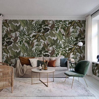 Tapet cu design exotic de frunze tropicale, pe fond alb