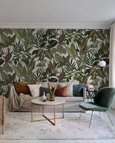 Tapet cu design exotic de frunze tropicale, pe fond alb