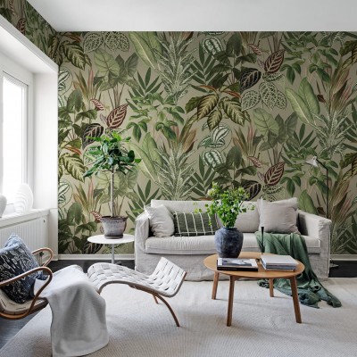 Tapet Mischievous Jungle, Sand, cu un design exotic, frunze mari și bogate, perfect pentru un decor tropical