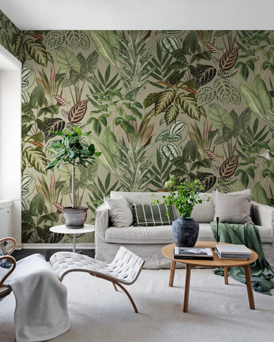 Tapet Mischievous Jungle, Sand, cu un design exotic, frunze mari și bogate, perfect pentru un decor tropical