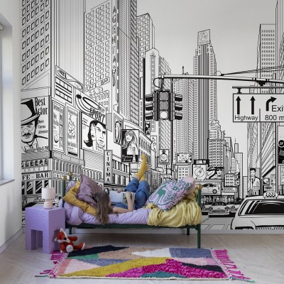 Tapet Cartoon City Kids, Rebel Walls, ilustreaza o strada animata din oras, cu cladiri inalte, magazine si multe personaje.