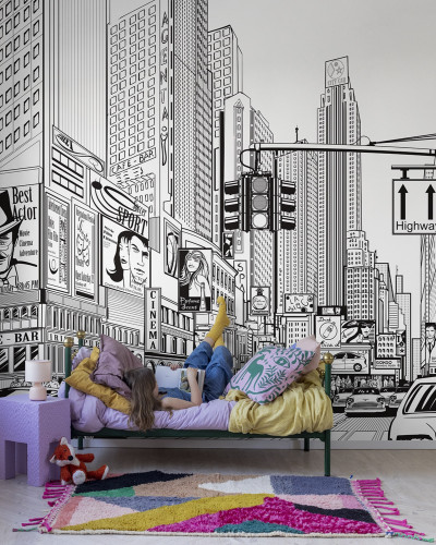 Tapet Cartoon City Kids, Rebel Walls, ilustreaza o strada animata din oras, cu cladiri inalte, magazine si multe personaje.