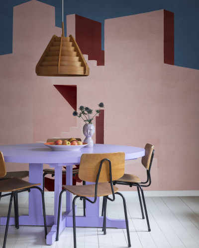 Tapet abstract cu clădiri, în culori pastelate, cu un design modern.