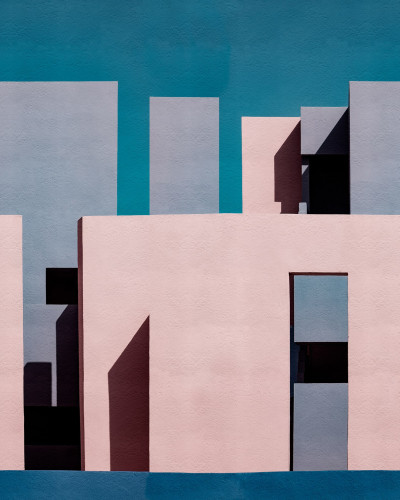 Tapet abstract cu clădiri pastelate, cu un design geometric simplu, potrivit pentru un aspect modern și sofisticat.