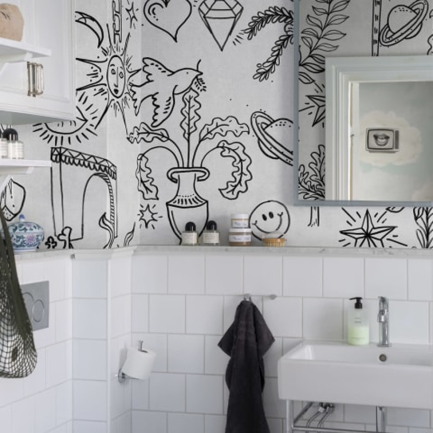 Tapet cu model Doodle Black. Designul este realizat cu linii albe pe fond negru.