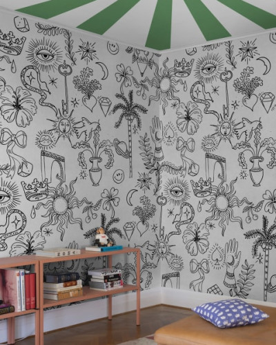 Tapet cu design unic, alb-negru, Doodle, White, cu model vesel, cu forme geometrice și elemente grafice.