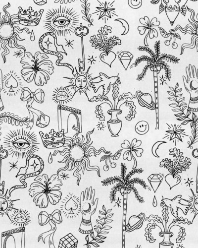 Tapet cu design unic, alb-negru, Doodle, White, cu model vesel, cu forme geometrice și elemente grafice.