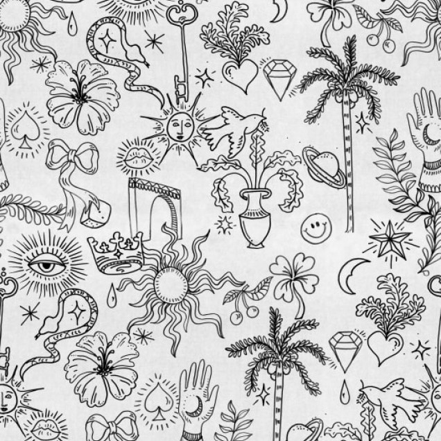 Tapet cu design unic, alb-negru, Doodle, White, cu model vesel, cu forme geometrice și elemente grafice.
