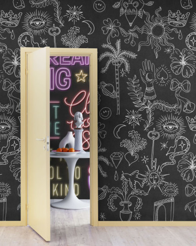 Tapet cu model Doodle Black. Designul este realizat cu linii albe pe fond negru.