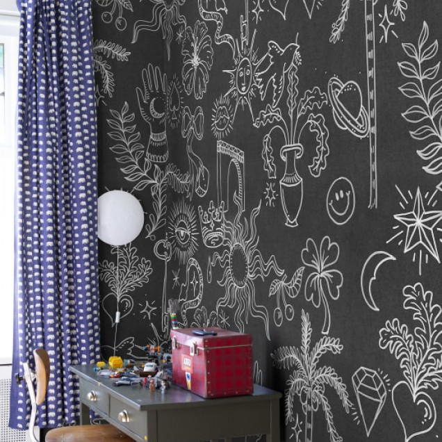 Tapet cu model Doodle Black. Designul este realizat cu linii albe pe fond negru.