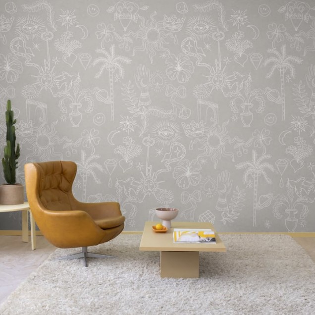 Tapet abstract Doodle Beige cu un design minimalist, in nuante de bej, perfect pentru a crea un spatiu unic.