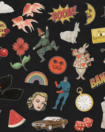 Tapet Patches cu modele diverse, colorate pe fundal negru