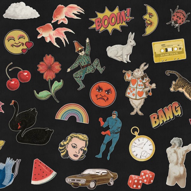 Tapet Patches cu modele diverse, colorate pe fundal negru