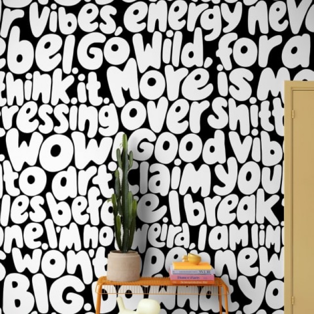 Tapet modern cu design grafic în alb pe negru, cu text.