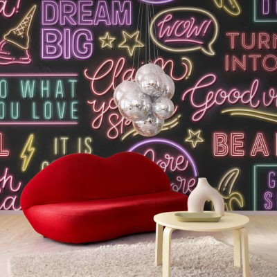 Imagine cu tapetul Neon Vibes, Black, cu un design modern inspirat de semnele neon. Imaginea prezintă expresii pozitive și inspirate, precum 