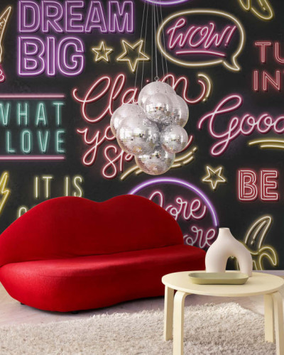 Imagine cu tapetul Neon Vibes, Black, cu un design modern inspirat de semnele neon. Imaginea prezintă expresii pozitive și inspirate, precum 