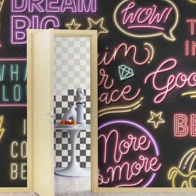 Imagine cu tapetul Neon Vibes, Black, cu un design modern inspirat de semnele neon. Imaginea prezintă expresii pozitive și inspirate, precum 