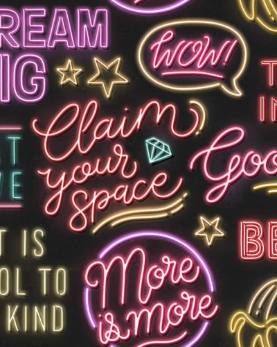 Imagine cu tapetul Neon Vibes, Black, cu un design modern inspirat de semnele neon. Imaginea prezintă expresii pozitive și inspirate, precum 