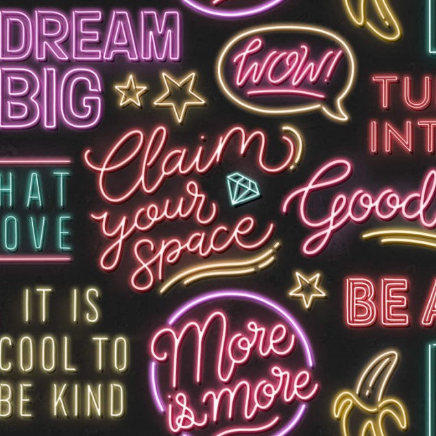 Imagine cu tapetul Neon Vibes, Black, cu un design modern inspirat de semnele neon. Imaginea prezintă expresii pozitive și inspirate, precum 