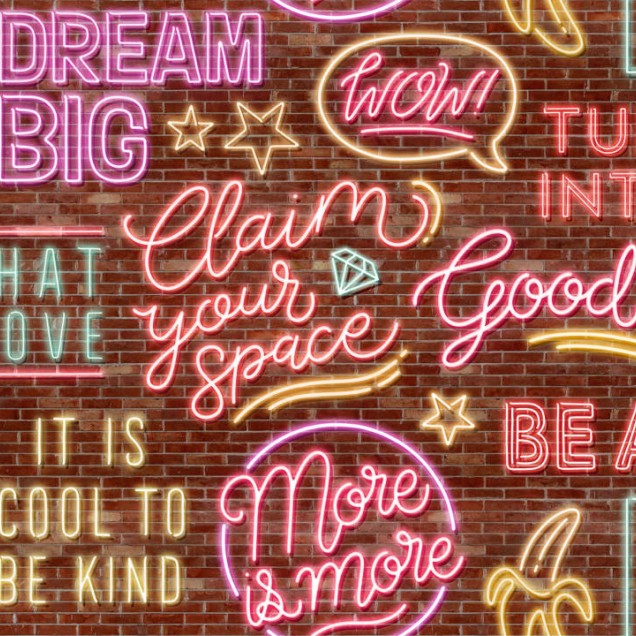 Tapet Neon Vibes, Brickwall, cu mesaje inspiratoare și text neon pe un fundal de cărămidă.