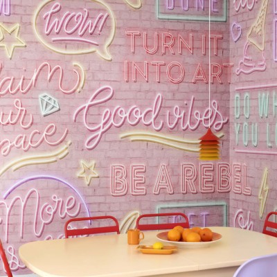 Tapet Neon Vibes, Pink Bricks, cu design modern de cărămidă roz și mesaje luminoase.