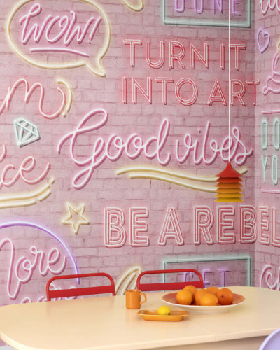 Tapet Neon Vibes, Pink Bricks, cu design modern de cărămidă roz și mesaje luminoase.