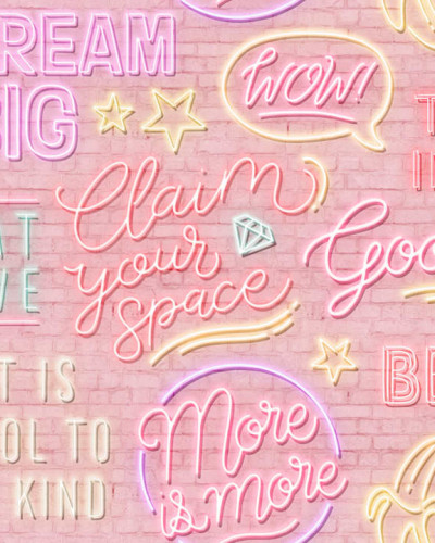 Tapet Neon Vibes, Pink Bricks, cu design modern de cărămidă roz și mesaje luminoase.